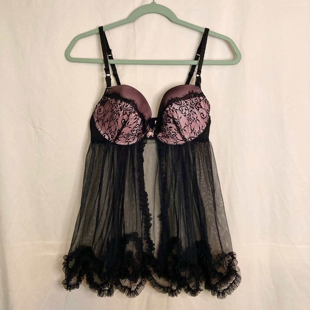 Jezebel Black Pink Lace Mesh Babydoll Lingerie Chemise Sheer Coquette Gothic L